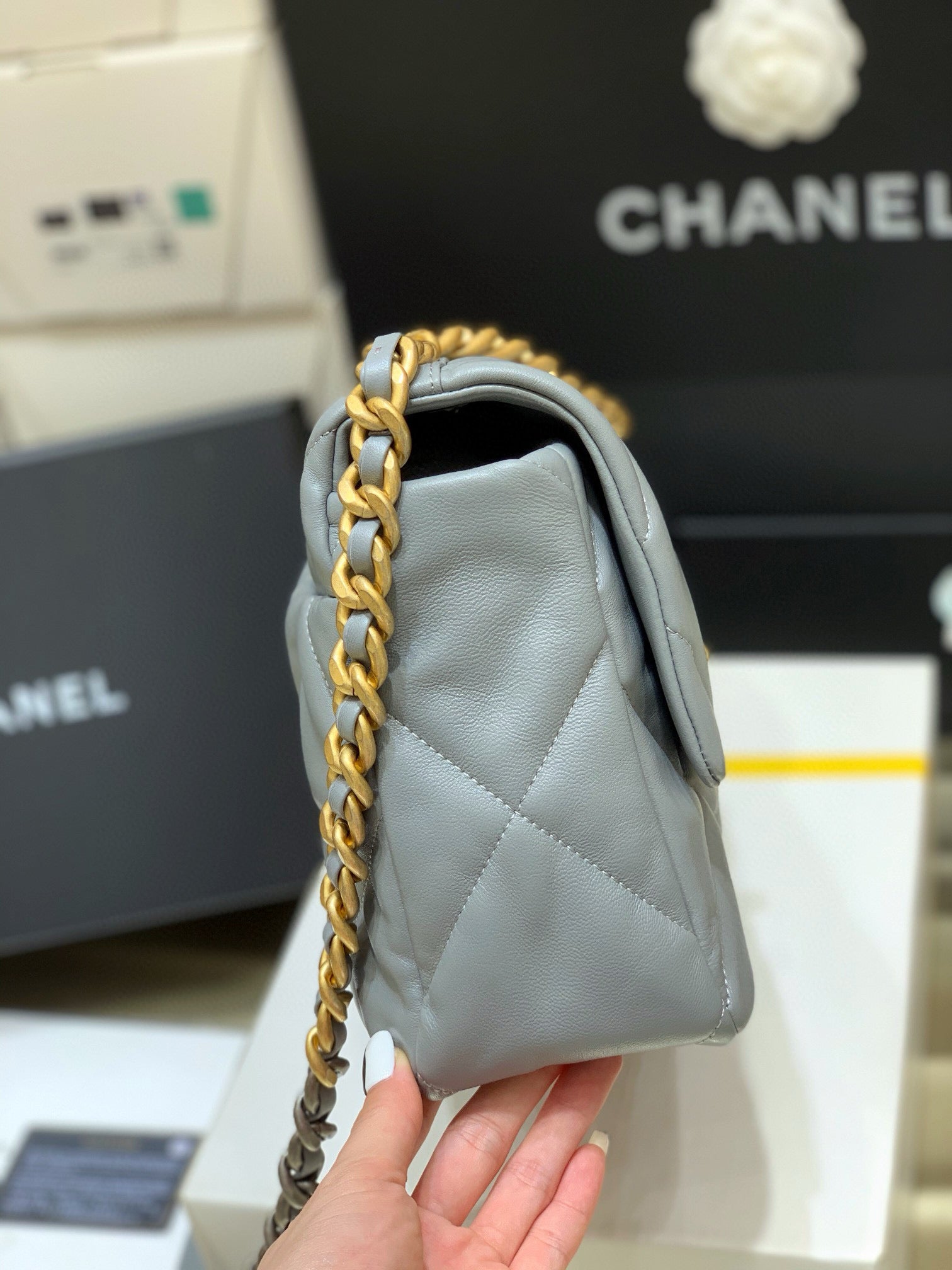 19 FLAP BAG 30 GREY GOATSKIN GOLD HARDWARE - THE BEST QUALITY
